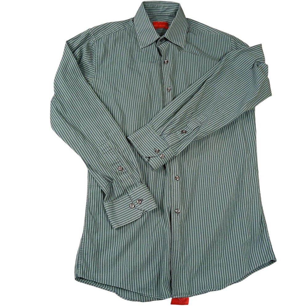 Alfani Fitted Easy Care Men's Green Black Striped Size‎ 14.5 Long Sleeve Shirt